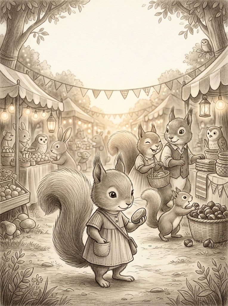 Sunny, a little squirrel, in a warm sepia illustration from the children's picture book Market Day by AQ Editions